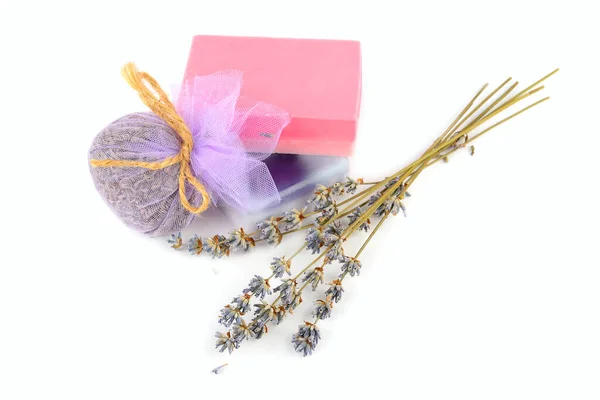 Handmade Soap Sachet Lavender Flowers Isolated White Background — 图库照片