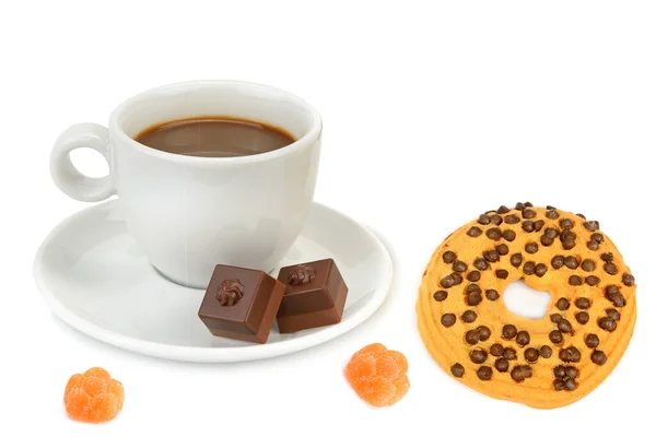 Tasse Café Biscuits Chocolat Confiture Isolée Sur Fond Blanc Collage — Photo