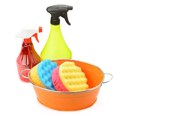 Collection Various Household Cleaning Products Isolated White Background Free Space — Stock Photo, Image