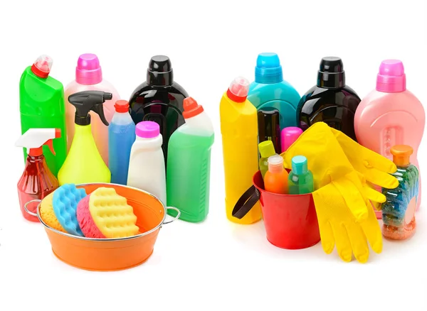 Collection Various Household Cleaning Products Isolated White Background Collage — Stock Photo, Image