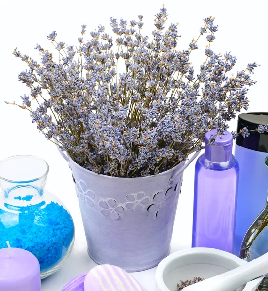 Prodotti Cura Del Corpo Con Sale Lavanda Candela Profumata Sapone — Foto Stock