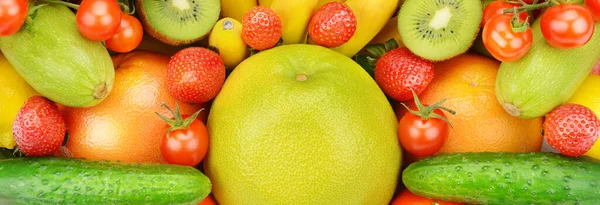 Heldere Achtergrond Van Verschillende Groenten Fruit Brede Foto — Stockfoto