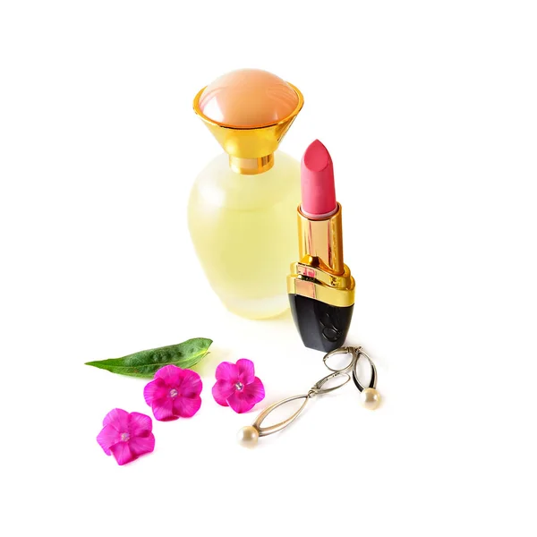 Lipstick Parfumflesje Geïsoleerd Witte Achtergrond Vrije Ruimte Voor Tekst — Stockfoto