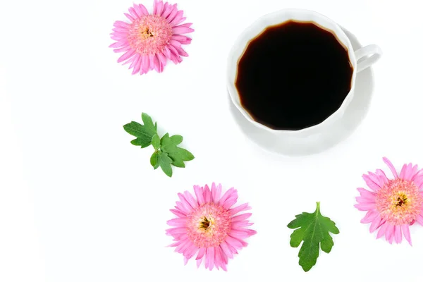 白い背景に孤立したピンクの菊の花のフレームにコーヒーカップ テキストのためのフリースペース — ストック写真