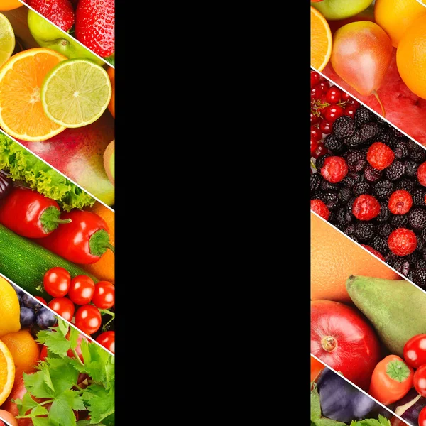 Frutas Legumes Úteis Diferentes Isolados Fundo Preto Espaço Livre Para — Fotografia de Stock