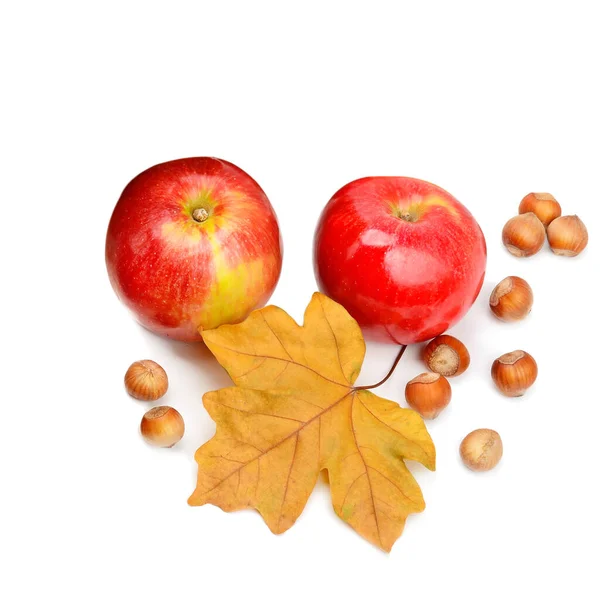 Autumn Apples Hazelnuts Leaves Isolated White Background — Fotografia de Stock