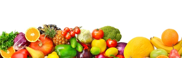 Brede Collage Van Verse Groenten Fruit Voor Lay Out Geïsoleerd — Stockfoto
