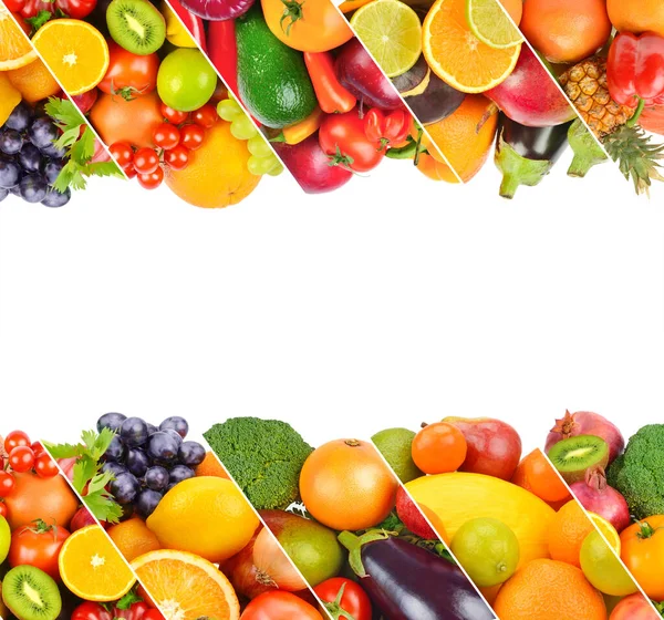 将新鲜水果和蔬菜拼凑在一起 放置在白色背景上 放在你的文字位置上 — 图库照片