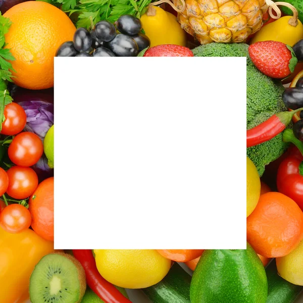 Creative frame from different vegetables and fruits. There is a place for your text.