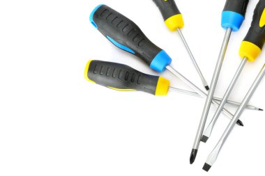 Screwdrivers, metal tools, plastic handle for repairing, isolated on white background. Free space for text.