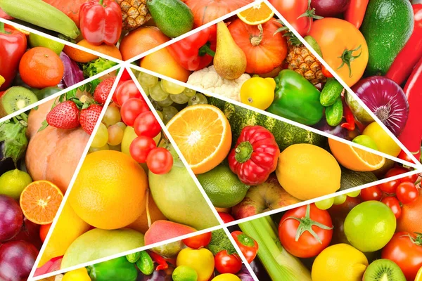 Çeşitli sebze ve meyvelerden güzel parlak bir arka plan. Kolaj.