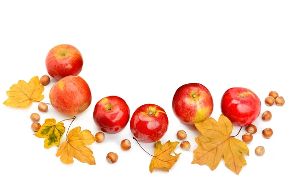 Höstäpplen Hasselnötter Och Blad Isolerade Vit Bakgrund Det Finns Fritt — Stockfoto