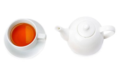 Tea in a porcelain cup and teapot isolated on white background. View from above.