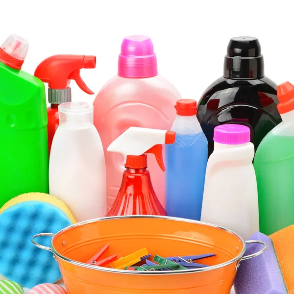 Collection Various Household Cleaning Products Isolated White Background — Stock Photo, Image