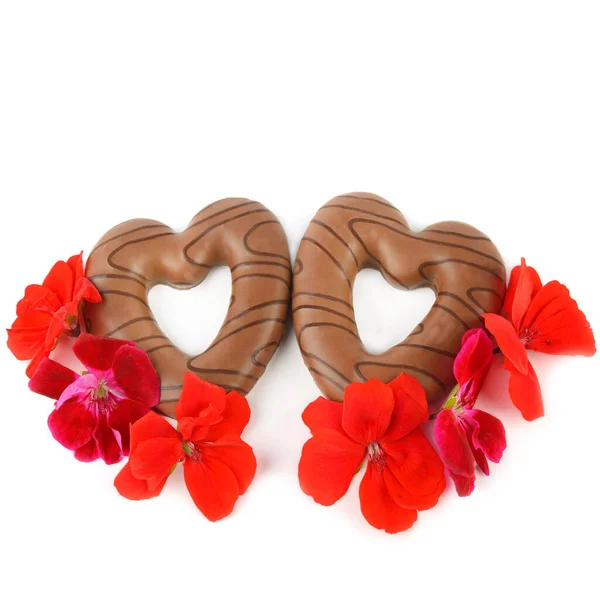 Chocolate Cookies Shape Hearts Bright Flowers Isolated White Background Valentine —  Fotos de Stock