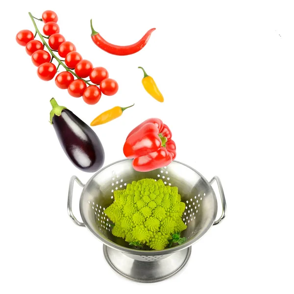 Vegetables Fall Colander Washing Composition Isolated White Background Collage Free — Stock Photo, Image