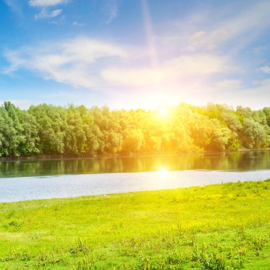 Sunny summer landscape with a river. Green fields and meadows.