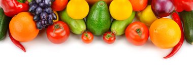 Set of vegetables and fruits isolated on white background. Wide photo. Free space for text.