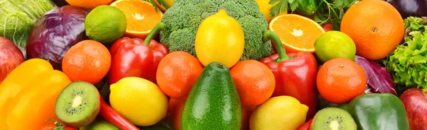 Bright Background Set Appetizing Fruits Vegetables Wide Photo — Zdjęcie stockowe