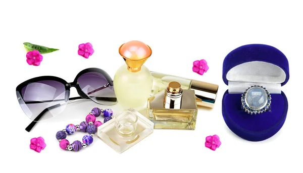 Set Fashion Accessories Ladies Sunglasses Perfume Jewelry Isolated White Background — Photo