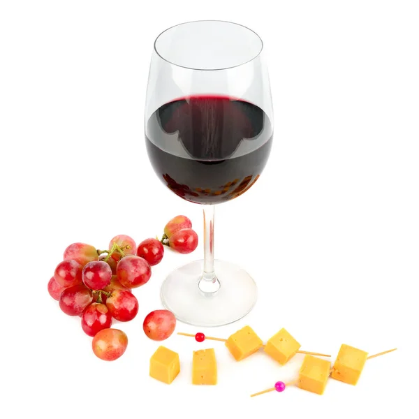 Glass Wine Bunch Grapes Cheese Isolated White Background — Stockfoto