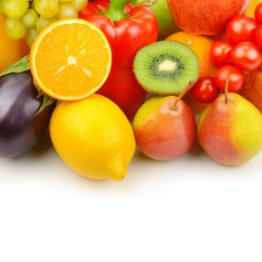 Set of vegetables and fruits isolated on white background. Free space for text.