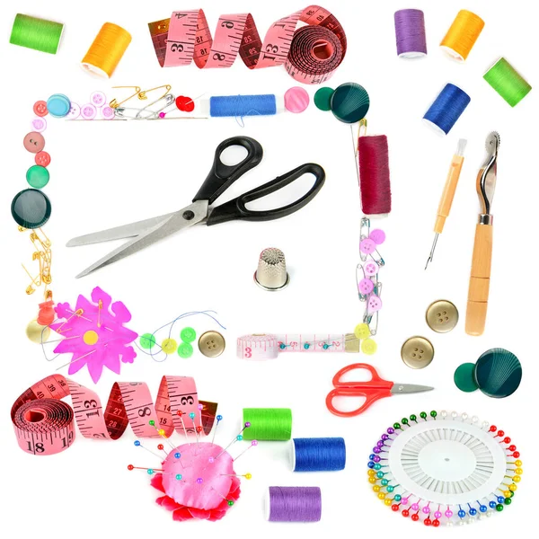 Set Sewing Accessories Isolated White Background Collage — ストック写真