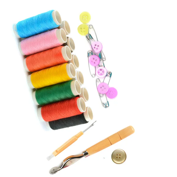 Set Threads Buttons Other Sewing Accessories Isolated White Background Collage — 图库照片