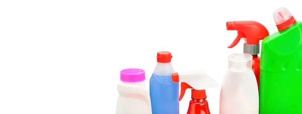 Set Household Chemicals Isolated White Background Free Space Text Wide — Stock Fotó