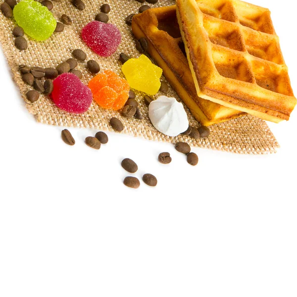 Waffles Jelly Candies Roasted Coffee Beans Isolated White Background Free — Stock Fotó