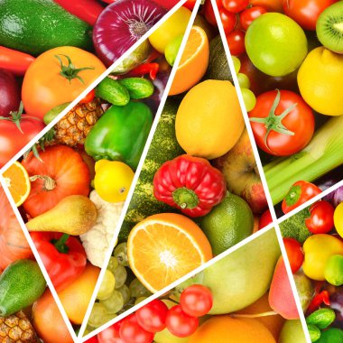 Çeşitli sebze ve meyvelerden güzel parlak bir arka plan. Kolaj.