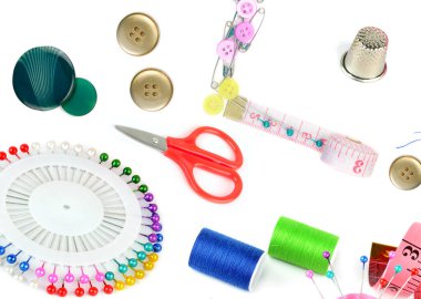 Set of sewing accessories isolated on white background. Collage.