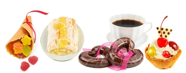 Kaffee Kuchen Und Kekse Isoliert Auf Weißem Hintergrund Collage Großes — Stockfoto