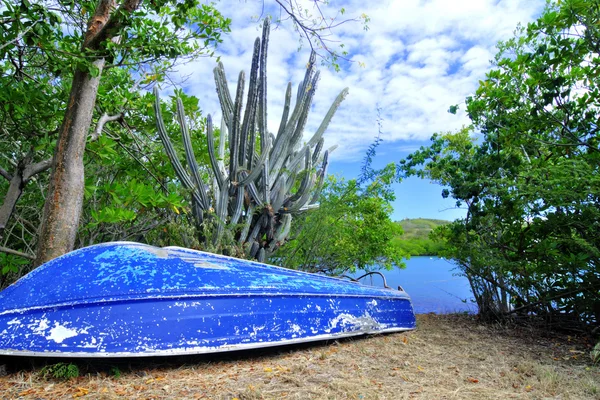 Piccola barca sulla spiaggia della laguna tropicale — Foto Stock