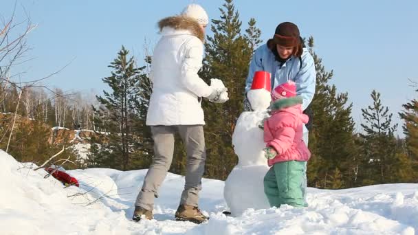 Maken een sneeuwpop — Stockvideo