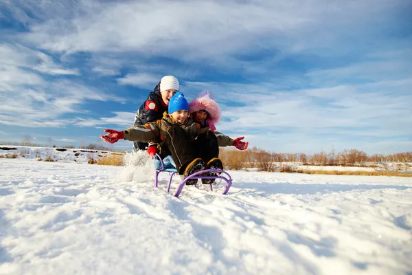 Дети в зимней одежде веселятся — стоковое фото