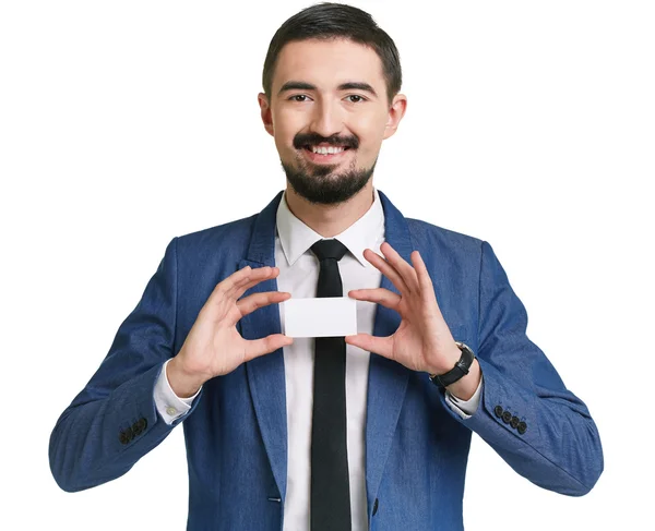 Businessman presenting his company on small card — Stock Photo, Image