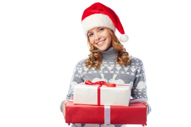 Noel Baba şapkası giftbox tutan kız