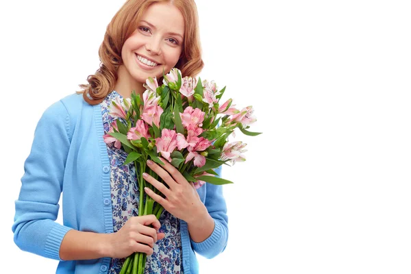 Girl with bunch of pink lilies — Stock Photo, Image