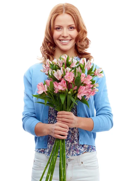 Girl with bunch of pink lilies — Stock Photo, Image