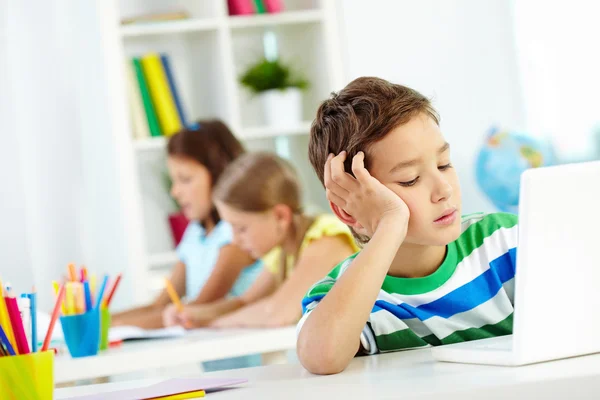 Schoolboy at workplace networking — Stock Photo, Image