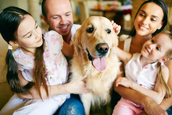 Família de quatro abraçando seu cão — Fotografia de Stock