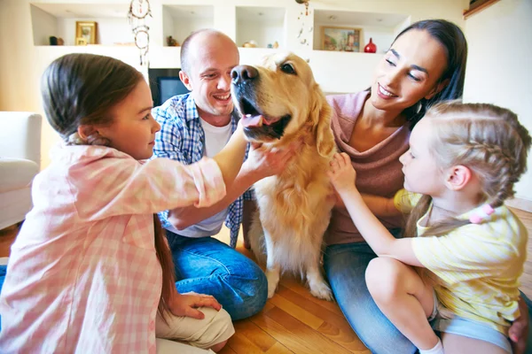 Family of four cuddling their dog — Stock Photo, Image