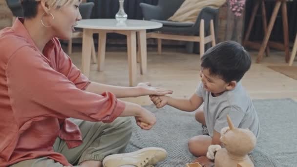 Yaşında Tatlı Asyalı Bir Çocuğun Sevgi Dolu Annesiyle Oyunu Oynarken — Stok video