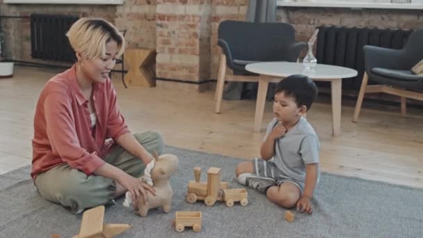 Sarışın Asyalı Genç Bir Kadın Yaşındaki Tatlı Oğlunun Rahat Oturma — Stok video