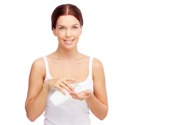 Woman with liquid soap — Stock Photo, Image