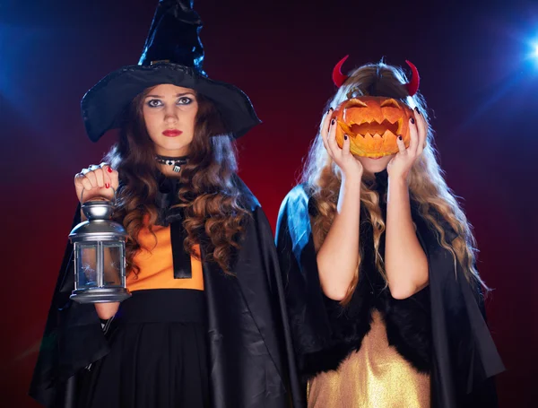 Females with lantern and pumpkin — Stock Photo, Image