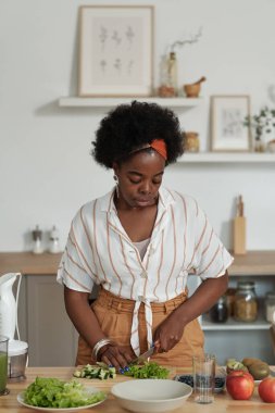 Genç Afrikalı kadın vejetaryen salatası için sebze kesiyor