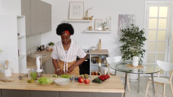 Medium Slowmo Skott Ung Afroamerikansk Kvinna Gör Hälsosam Middag Hemma — Stockvideo