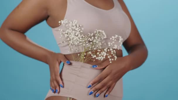 Midsection Slowmo Portrait Unrecognizable Size African American Woman Underwear Posing — Stock Video
